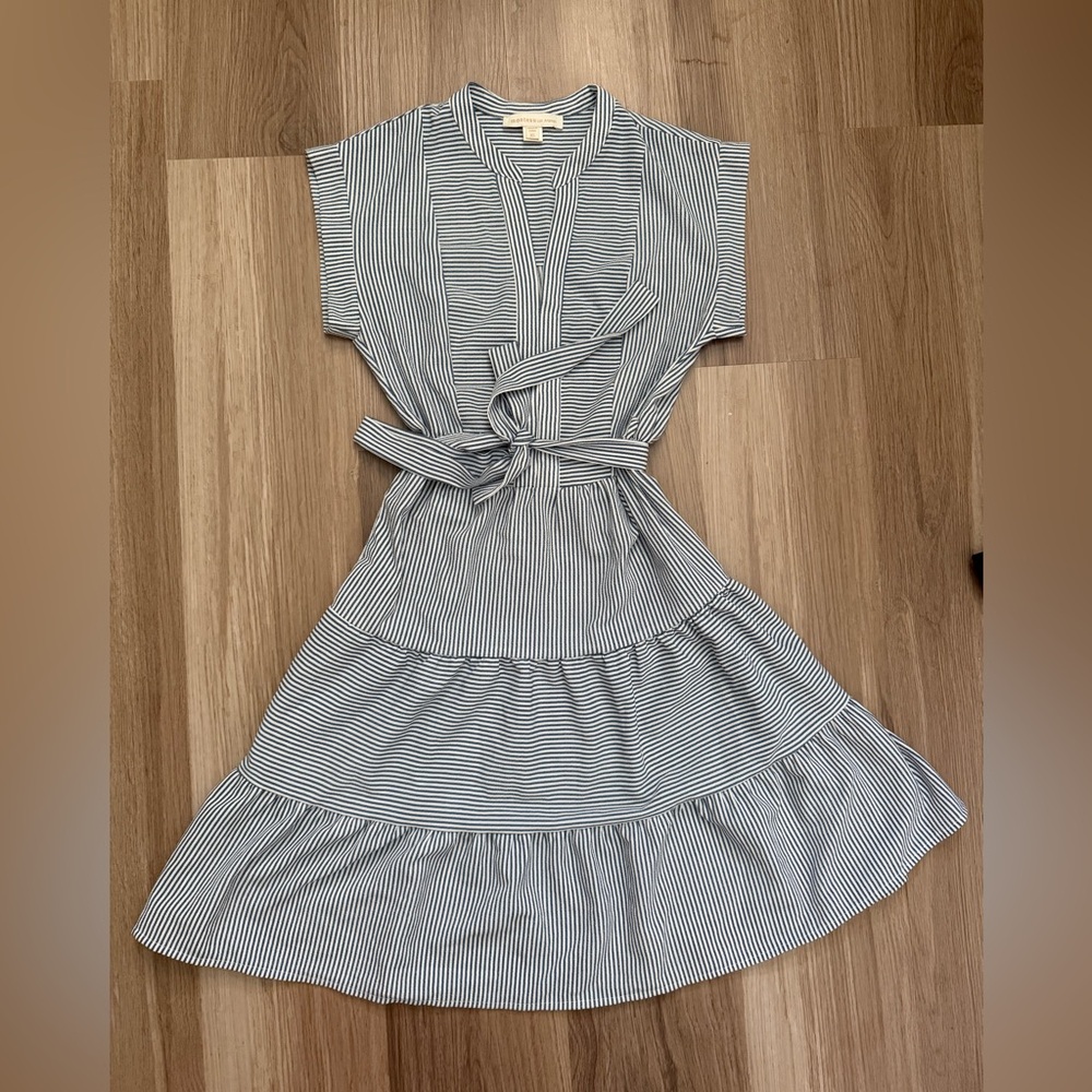 Monteau Los Angeles Women's Striped V-neck Dress White Blue Size XS